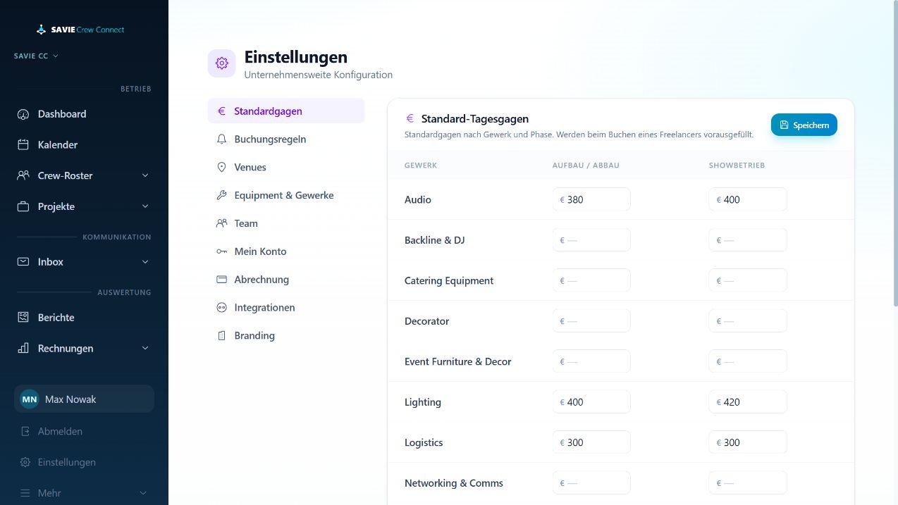 Standardgagen in den Einstellungen