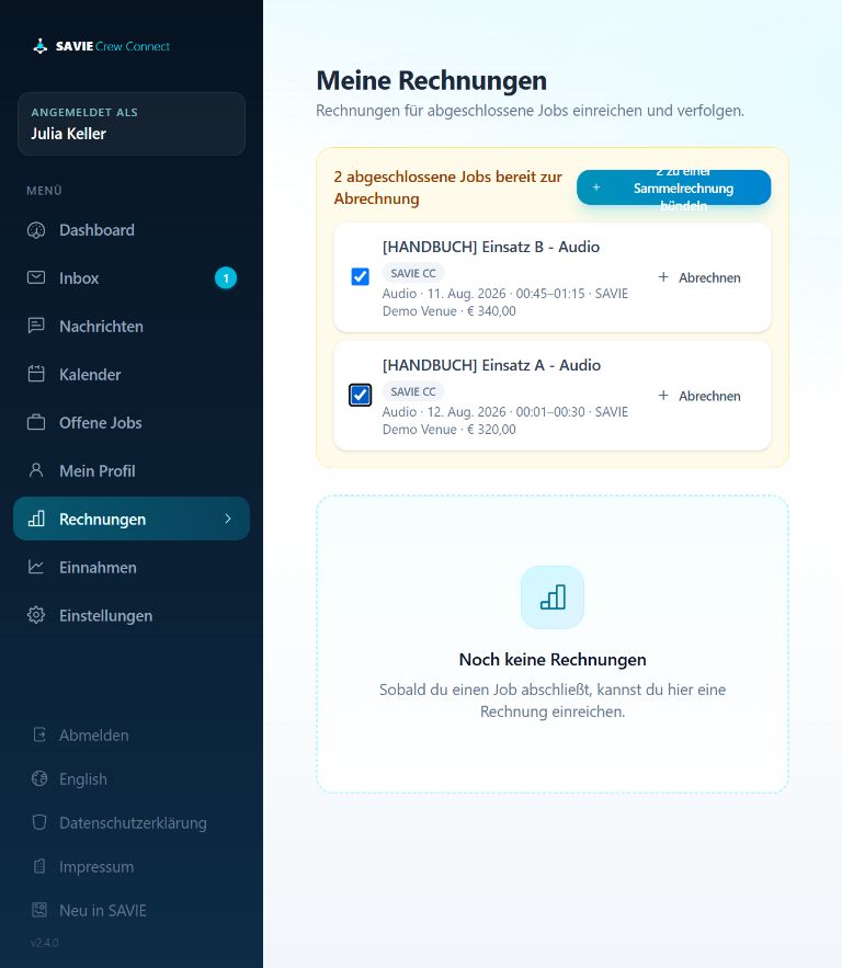 Zwei Jobs für eine Sammelrechnung ausgewählt