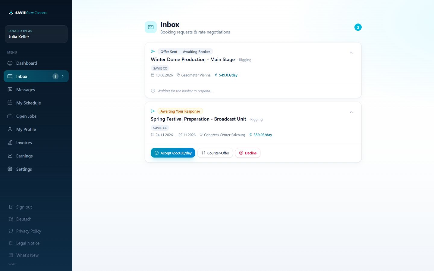 SAVIE freelancer booking inbox